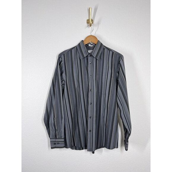 Calvin Klein Striped Button Down Shirt Medium M Long Sleeves Gray Blue - Picture 1 of 4